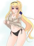  blonde_hair breasts carim_gracia casual cleavage frapowa large_breasts long_hair lyrical_nanoha mahou_shoujo_lyrical_nanoha_strikers navel panties ponytail purple_eyes side-tie_panties sweater underwear 