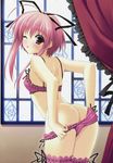  :p absurdres ass blush curtains fujisaki_amane garters highres lingerie one_eye_closed panties panty_pull pink_eyes pink_hair short_hair short_hair_with_long_locks sidelocks solo stellar_theater suzuhira_hiro thighhighs tongue tongue_out underwear window 