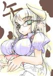  :&lt; animal_ears breasts cow_ears earrings glasses green_eyes horns jewelry large_breasts original solo yu-ji_tanaka 