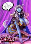  ascot bed blue_skin breasts butcherboy cleavage draenei hooves horns huge_breasts kneeling korean long_hair monster_girl priestess shoulder_pads solo tail translated warcraft white_hair world_of_warcraft 
