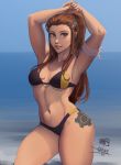  1girl armband armpits arms_up beach bikini black_bikini breasts brigitte_(overwatch) brown_eyes brown_hair collaboration colorized commentary contrapposto cowboy_shot english_commentary hair_ornament hairclip horizon iahfy leg_tattoo light_smile lips long_hair looking_at_viewer medium_breasts mike_nesbitt navel nose ocean overwatch parted_lips ponytail pose solo standing swimsuit tattoo thick_thighs thighs toned underboob 