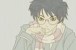  black_hair brown_eyes chin_rest glasses grey_background hitotoshite_jiku_ga_bureteiru itoshiki_nozomu katawa_shoujo male_focus md5_mismatch parody pimmy sayonara_zetsubou_sensei scarf setou_kenji simple_background solo 