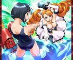  animal_ears arcana_heart arcana_heart_2 backpack bag bare_shoulders black_hair breasts brown_hair cat_ears cleavage daidouji_kira downblouse dress drill_hair dual_wielding earrings elbow_gloves gloves gun holding jewelry large_breasts long_hair multiple_girls necklace one-piece_swimsuit orange_hair petra_johanna_lagerkvist pointing purple_eyes randoseru school_swimsuit short_hair swimsuit thighhighs twin_drills ueyama_michirou weapon 