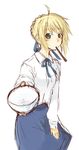  artist_request artoria_pendragon_(all) blonde_hair blouse bowl casual chopsticks fate/stay_night fate_(series) green_eyes saber sketch solo 