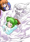  blue_eyes bucket green_hair hood in_bucket in_container kisaragi_ryou_(sougetsu-tei) kisume kumoi_ichirin kurodani_yamame multiple_girls purple_hair short_hair sleeping touhou twintails unzan 