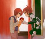  apple bodysuit dual_persona food fruit green_bodysuit hinata_(hinata123) holding holding_food holding_fruit inazuma_eleven inazuma_eleven_(series) jacket kiyama_hiroto male_focus multiple_boys red_hair 