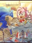  1girl amy_rose bone_(stare) chip_(sonic) conversation couple dating drinking food furry happy hetero letterboxed outdoors sitting smile sonic sonic_the_hedgehog sonic_world_adventure tegaki 