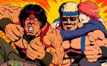  2boys 80s angry asamiya_athena clark_still controller game_controller gamepad hairband headband ikari_(game) multiple_boys muscle neo_geo_cd oldschool playing_games psycho_soldier ralf_jones sakkan snk sunglasses the_king_of_fighters thumbs_up veins video_game 