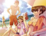  2girls bad_id bad_pixiv_id baseball_cap beach beach_umbrella bikini brown_eyes brown_hair cloud day drink drinking_straw female_protagonist_(persona_3) hair_ornament hairpin hat iori_junpei jewelry male_swimwear multiple_boys multiple_girls navel necklace ocean outdoors persona persona_3 persona_3_portable red_eyes sanada_akihiko shushi0121 sky stretch swim_briefs swim_trunks swimsuit swimwear takeba_yukari umbrella 