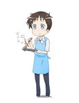  apron bad_id bad_pixiv_id blue_eyes blush brown_hair chibi cooking food frying_pan ikari_shinji male_focus neon_genesis_evangelion pancake smile solo tokoriro 