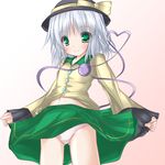  blush bow gorujitai green_eyes hat komeiji_koishi panties silver_hair skirt skirt_lift smile solo touhou underwear 