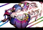  dress fang fire food from_above fruit gradient_hair hat hinanawi_tenshi long_hair multicolored_hair naze_nani_depression peach red_eyes solo sword sword_of_hisou touhou weapon 