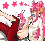  1girl animal_ears arc_system_works belt blazblue candy cat_ears cat_eyes cat_tail female glasses highres kokonoe labcoat lollipop long_hair lying midriff multiple_tails nayuki_(pixiv481700) pink_hair ponytail ribbon slit_pupils solo tail tongue white_background yellow_eyes yellow_ribbon 