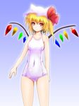  bad_id bad_pixiv_id blonde_hair flandre_scarlet hat one-piece_swimsuit red_eyes school_swimsuit short_hair solo sumapan swimsuit touhou white_school_swimsuit white_swimsuit wings 