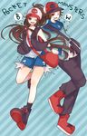  antenna_hair bag baseball_cap black_(pokemon) blue_eyes boots brown_eyes brown_hair denim denim_shorts hat high_ponytail highres jacket long_hair male messenger_bag open_mouth pants pokemon pokemon_(game) pokemon_black_and_white pokemon_bw ponytail shoes short_shorts shorts smile socks sparkle speech_bubble stars touko_(pokemon) touya_(pokemon) white_(pokemon) wink wristband zipper 