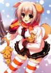  absurdres animal_ears blush copyright_request dog dog_ears dog_tail food highres non-web_source open_mouth pink_hair short_hair smile solo striped striped_legwear tail taiyaki thighhighs tomose_shunsaku wagashi 
