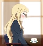  blonde_hair blue_eyes blush cup face ikari_manatsu k-on! kotobuki_tsumugi long_hair profile school_uniform solo table teacup 