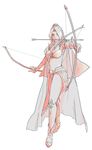  1girl arrow bow_(weapon) bridal_gauntlets cape female final_fantasy final_fantasy_iv full_body grun hair_ornament leotard long_hair monochrome rosa_farrell shoulder_pads simple_background solo tiara weapon 