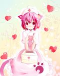  alternate_costume animal_ears blush cat_ears cat_tail first_aid_kit hat heart heart_hands kaenbyou_rin kemonomimi_mode komeiji_satori nurse nurse_cap pink_hair reiuji_utsuho shichinose short_hair tail touhou 