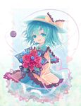  aqua_eyes aqua_hair blue_flower blue_rose bouquet colored_eyelashes curtain_(posuinochuanglian) eyelashes eyes flower green_eyes green_hair hat heart highres komeiji_koishi open_mouth rose short_hair smile solo touhou 