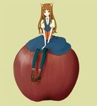  animal_ears apple bad_id bad_pixiv_id blush boots brown_hair dress food fruit highres holo long_hair minigirl pantyhose red_eyes sitting skirt smile solo spice_and_wolf sssshhh wolf_ears 