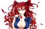  breasts cleavage eyelashes finger_to_mouth floral_background flower fuyuno_taka hair_bobbles hair_ornament large_breasts no_bra onozuka_komachi petals red_eyes red_hair short_hair smile solo spider_lily touhou tsurime two_side_up upper_body wind wrist_cuffs 