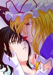  black_hair blonde_hair elbow_gloves gap gloves hakurei_reimu hat kisaragi_ryou_(sougetsu-tei) licking multiple_girls red_eyes sleeping touhou white_gloves yakumo_yukari yuri 