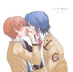  angel_beats! bangs blazer blue_hair blue_neckwear blush brown_hair collared_shirt covering_mouth embarrassed face-to-face from_side hand_kiss hand_over_another's_mouth hands_up hinata_(angel_beats!) holding_hand jacket kiss long_sleeves looking_at_another male_focus multiple_boys necktie oekaki open_clothes open_jacket otonashi_(angel_beats!) profile shirt simple_background sweatdrop takumi_(scya) upper_body white_background yaoi 