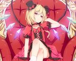  blonde_hair bow bowtie chair dinyc dress flandre_scarlet frilled_dress frilled_sleeves frills hat highres lolita_fashion mini_hat mini_top_hat necktie red red_eyes short_hair side_ponytail sitting solo source_request top_hat touhou wings 