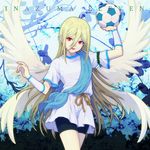  afuro_terumi ball bike_shorts blonde_hair copyright_name inazuma_eleven inazuma_eleven_(series) long_hair male_focus open_mouth otoko_no_ko red_eyes smile soccer_ball solo telstar very_long_hair wings yukasummer zeus_(inazuma_eleven) 