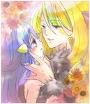  blonde_hair blue_eyes blue_hair blush flower hikari_(pokemon) long_hair lowres natsu315 pokemon shirona_(pokemon) yuri 