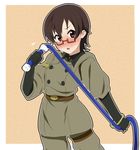  blush brown_eyes brown_hair cosplay face glasses gloves ikari_manatsu k-on! manabe_nodoka md5_mismatch military military_uniform red-framed_eyewear semi-rimless_eyewear short_hair solo the_king_of_fighters under-rim_eyewear uniform whip whip_(kof) whip_(kof)_(cosplay) 