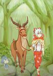  animal antlers bad_id bad_pixiv_id cape cirno elk fairy forest fujiwara_no_mokou full_body height_difference hikimaru kodama mononoke_hime multiple_girls nature ofuda outdoors pants parody plant reindeer standing touhou tree yakuru 