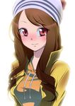  bad_id bad_pixiv_id beanie blush brown_hair casual face hat original red_eyes smile solo zpolice 