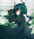  bad_id bad_pixiv_id black_dress black_hair black_rock_shooter blush checkered curly_hair dead_master dress glowing glowing_eyes green_eyes hands_clasped horns long_hair lying momo_michi on_side own_hands_together solo 