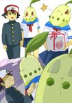  bad_id bad_pixiv_id baseball_cap blush chikorita closed_eyes dreaming drooling gen_2_pokemon gift hat highres ichiichi_(nanno_koreshiki) kiss one_eye_closed pokemon pokemon_(anime) pokemon_(creature) satoshi_(pokemon) school_uniform simple_background sleeping 