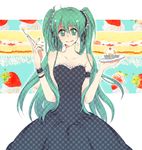  :q armband bad_id bad_pixiv_id cake dress food fork fruit green_eyes green_hair green_nails hatsune_miku holding holding_fork long_hair nail_polish plate solo strapless strapless_dress strawberry tongue tongue_out twintails vocaloid wristband 