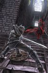  1girl ahoge battle black_hair blood demon's_souls duel gloves glowing glowing_eyes highres kuroppu_66 long_hair shield short_hair showdown silver_hair slayer_of_demons souls_(from_software) sword weapon 