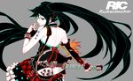  black_hair detached_sleeves from_behind fuse_ryuuta guitar hatsune_miku instrument long_hair looking_back skirt solo star tattoo twintails very_long_hair vocaloid 
