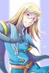  akiyoshi_sadanori blonde_hair blue blue_background glasses jade_curtiss long_hair male_focus red_eyes smile solo tales_of_(series) tales_of_the_abyss 