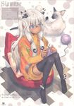  absurdres blue_eyes cat copyright_request dark_skin glasses highres kawaku knitting non-web_source pillow solo thighhighs white_hair 