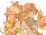  1girl baseball_cap brown_hair gen_5_pokemon grin hat pokemon pokemon_(creature) pokemon_(game) pokemon_bw ponytail smile snivy sooya tepig touko_(pokemon) touya_(pokemon) 