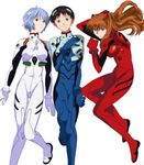  2girls ayanami_rei ayanashi_kunio blue_eyes blue_hair bodysuit brown_hair ikari_shinji long_hair lying multiple_girls neon_genesis_evangelion plugsuit red_eyes short_hair souryuu_asuka_langley white_bodysuit 