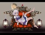  barefoot blue_eyes braid broom chair easy_chair error feet izayoi_sakuya lantern letterboxed lying maid maid_headdress short_hair silver_hair solo tama_(speedgrapher) touhou twin_braids wrong_feet 