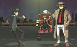  2boys badge black_hair commentary english_commentary hat highres john_su md5_mismatch minigirl multiple_boys necktie original pantyhose police police_uniform policewoman suitcase trench_coat uniform wallpaper 