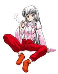  black_hair bow cigarette cosplay fujiwara_no_mokou fujiwara_no_mokou_(cosplay) hair_bow houraisan_kaguya kisaragi_ryou_(sougetsu-tei) long_hair lowres pants red_eyes smoking solo suspenders touhou 