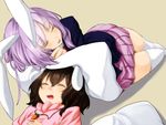  animal_ears bad_id bad_pixiv_id blazer brown_hair bunny_ears carrot carrot_necklace inaba_tewi jacket jewelry kyon_(fuuran) multiple_girls necklace necktie pendant pillow purple_hair reisen_udongein_inaba skirt sleeping thighhighs touhou 