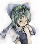  bad_id bad_pixiv_id blue_bow blue_dress bow cirno dress finger_to_mouth green_eyes green_hair hair_bow hori_kotatsu index_finger_raised puffy_short_sleeves puffy_sleeves short_hair short_sleeves simple_background smile solo touhou upper_body white_background 