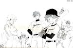  5boys ball baseball baseball_bat baseball_cap baseball_uniform boota greyscale hat kamina kittan kiyal monochrome multiple_boys multiple_girls nia_teppelin official_art one_eye_closed rossiu scan simon sportswear tengen_toppa_gurren_lagann track_suit viral yoko_littner 