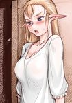  blonde_hair blue_eyes blush breasts commentary_request elf huge_breasts long_hair nervous nightgown open_mouth original pointy_ears solo sweat tsuda_nanafushi 